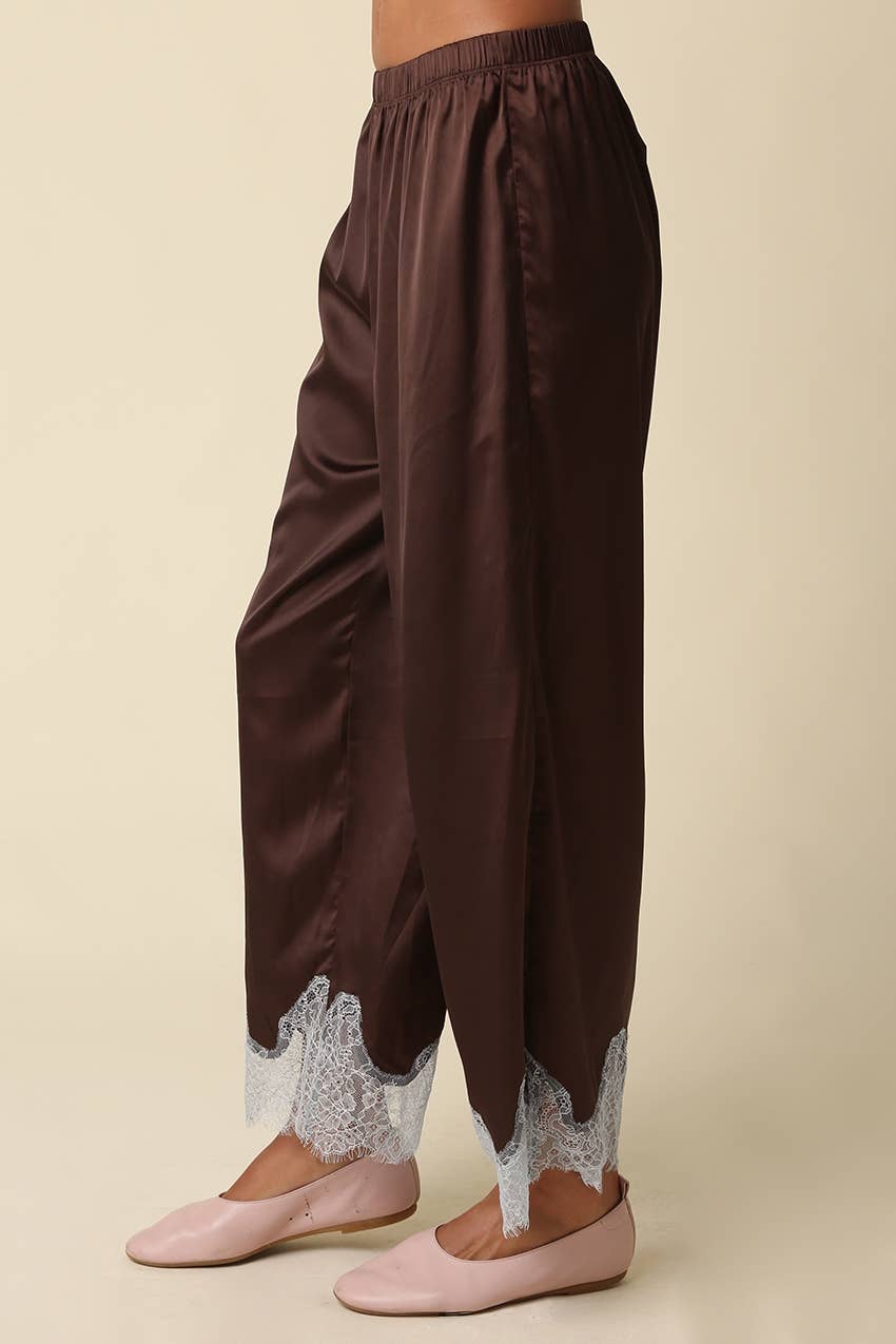 Quinn Lace Trim Satin Pants: BROWN LT BLUE / M