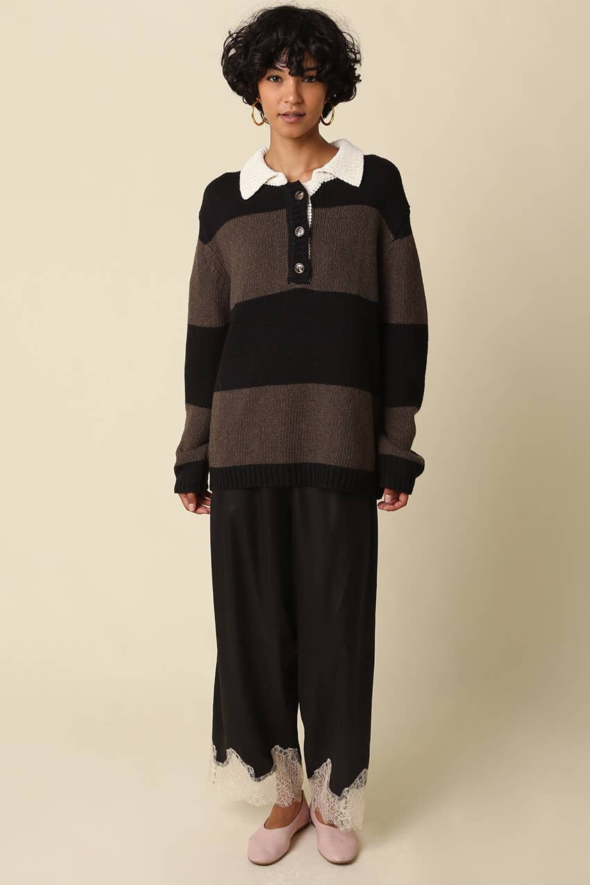Quinn Lace Trim Satin Pants: BROWN LT BLUE / S