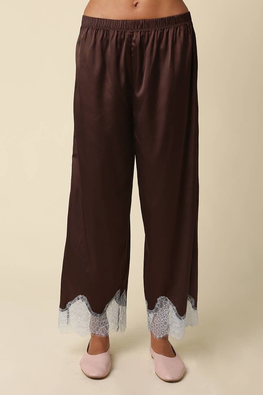 Quinn Lace Trim Satin Pants: BROWN LT BLUE / M