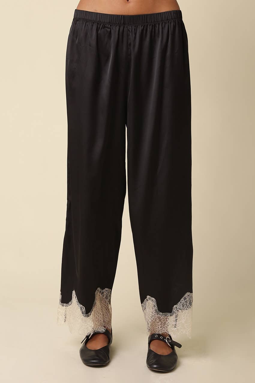 Quinn Lace Trim Satin Pants: BROWN LT BLUE / M