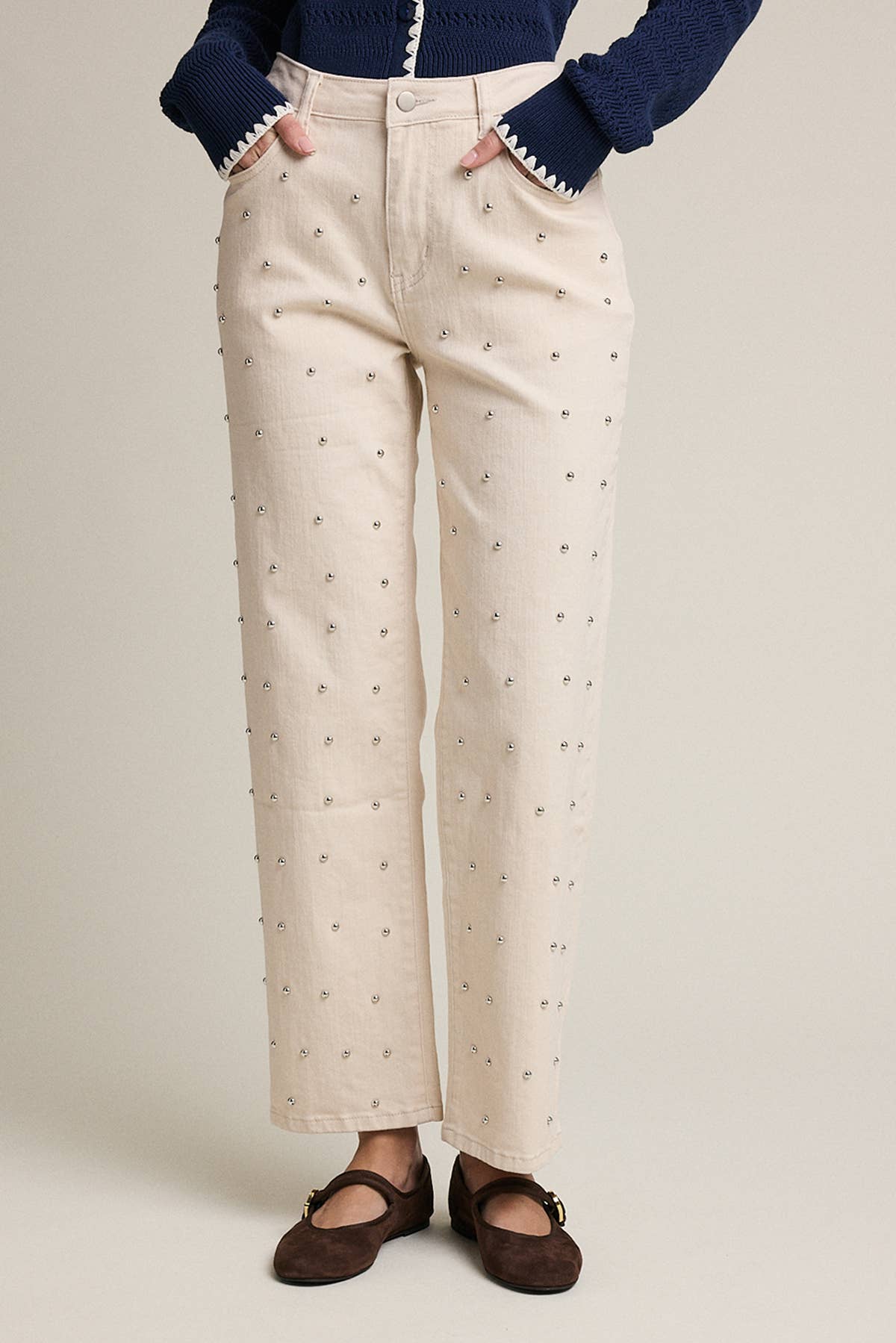 Studded Straight-Leg Denim Pants - RB1107: CREAM / S-M-L (3-2-1)