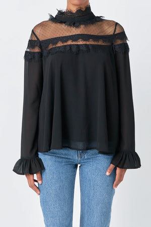 Blouse with Mesh Yoke and Lace Trim Detail