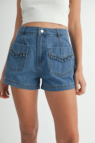 Ruffle Pocket Patch Detail Denim Shorts