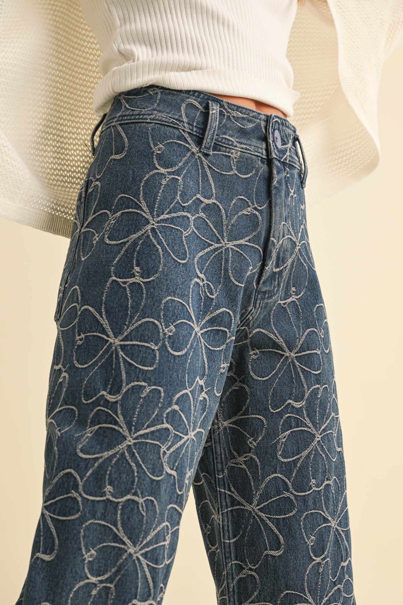 Floral Stitch Denim Pants