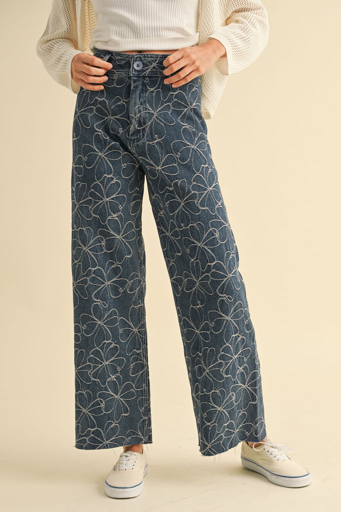 Floral Stitch Denim Pants