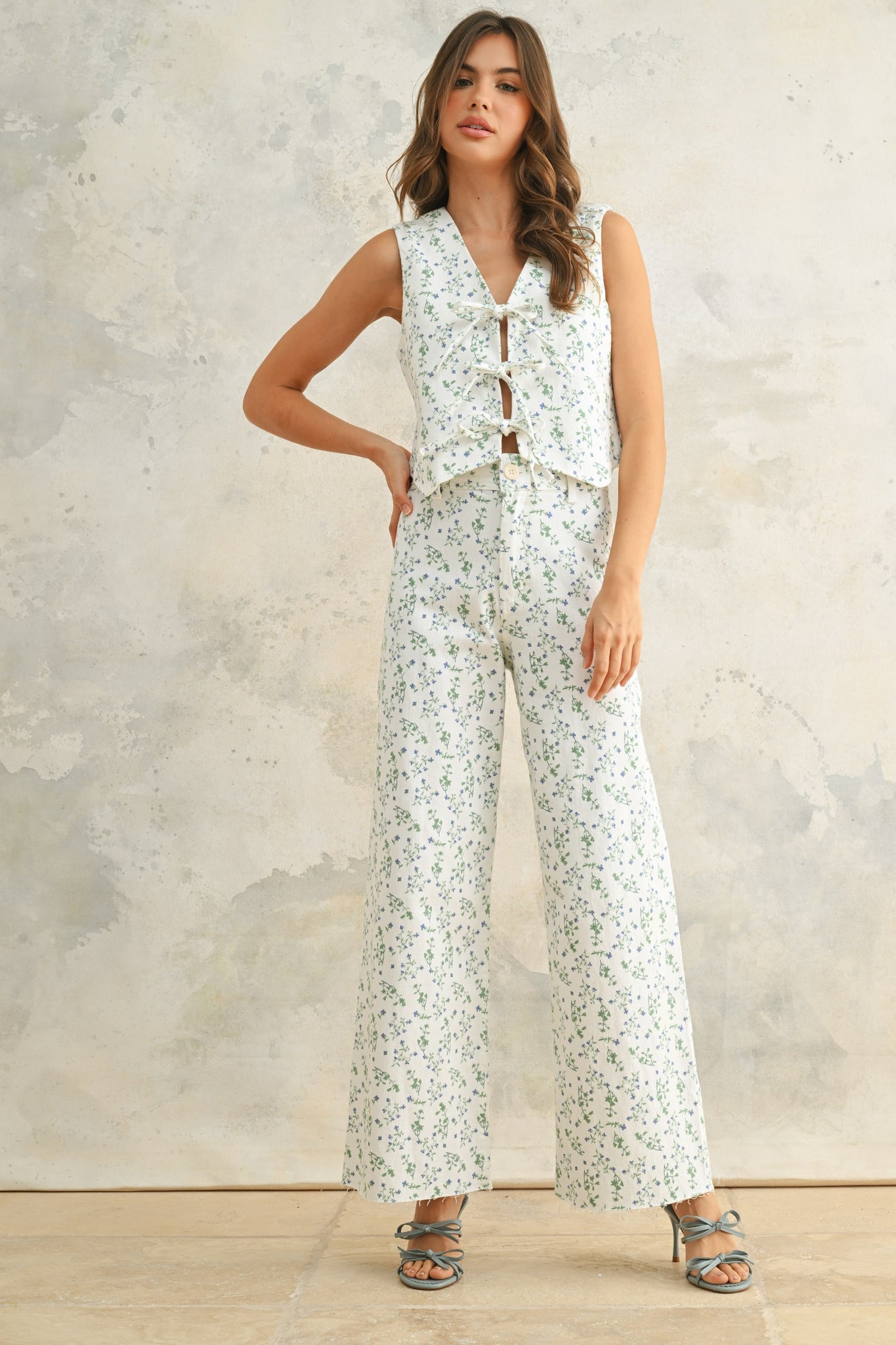 Floral Print Vest with Tie Front