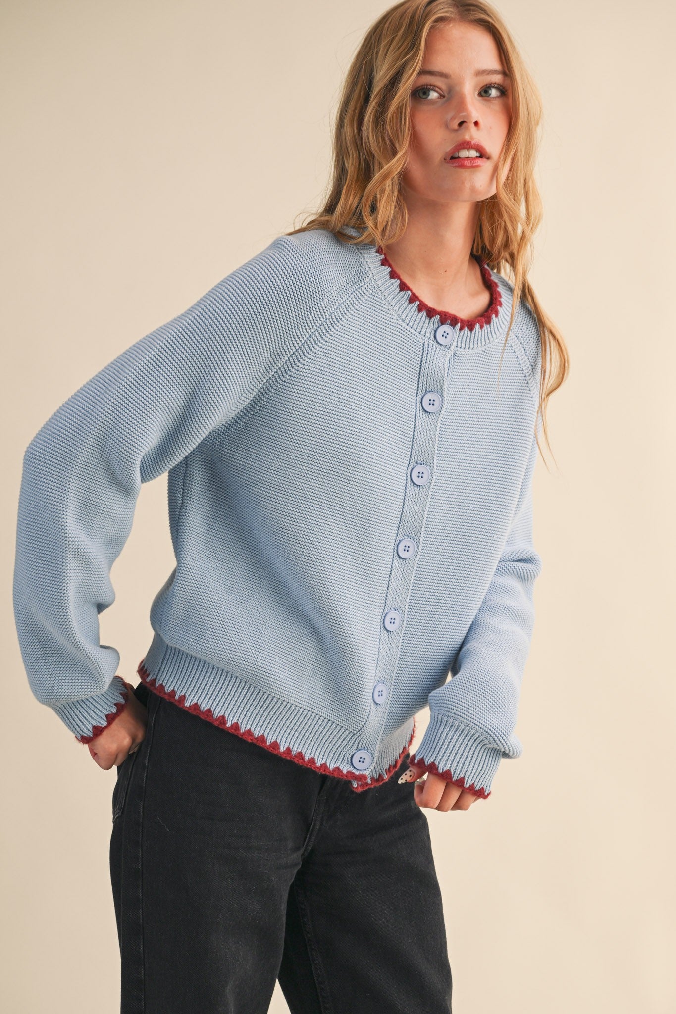 Sweater Cardigan With Contrast Stitch