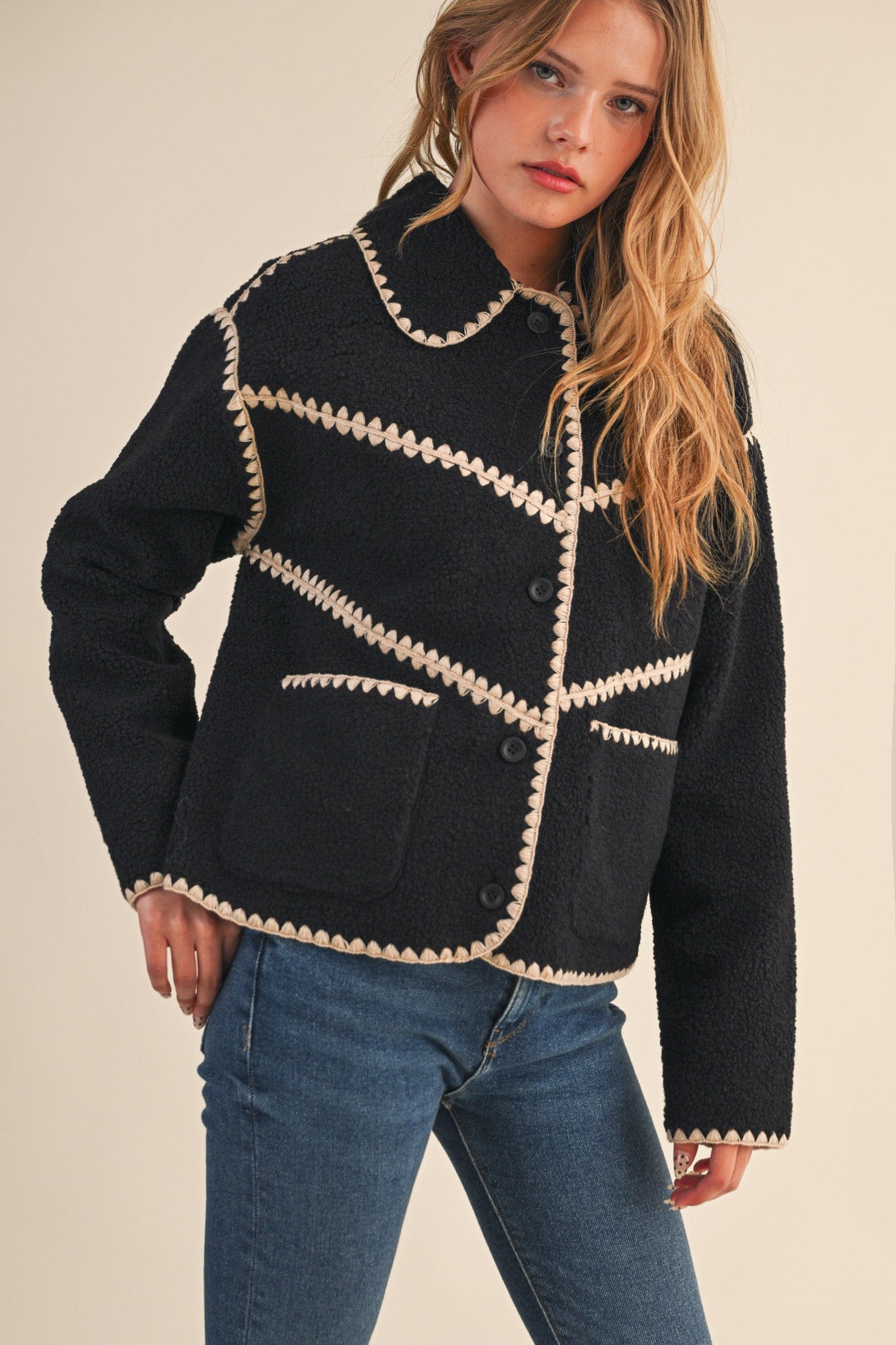 Faux Sherpa Fleece Jacket With Blanket Stitch
