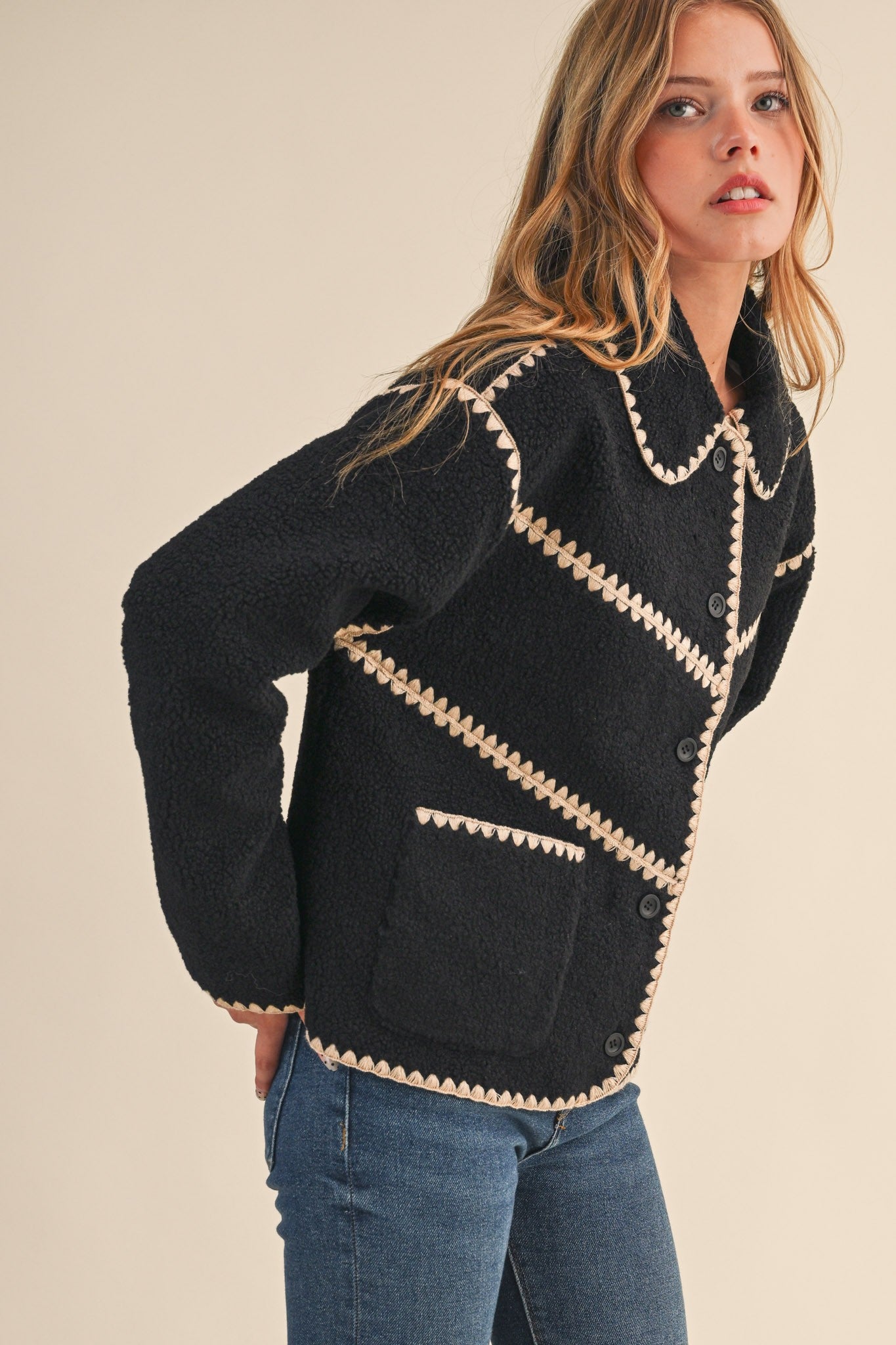 Faux Sherpa Fleece Jacket With Blanket Stitch