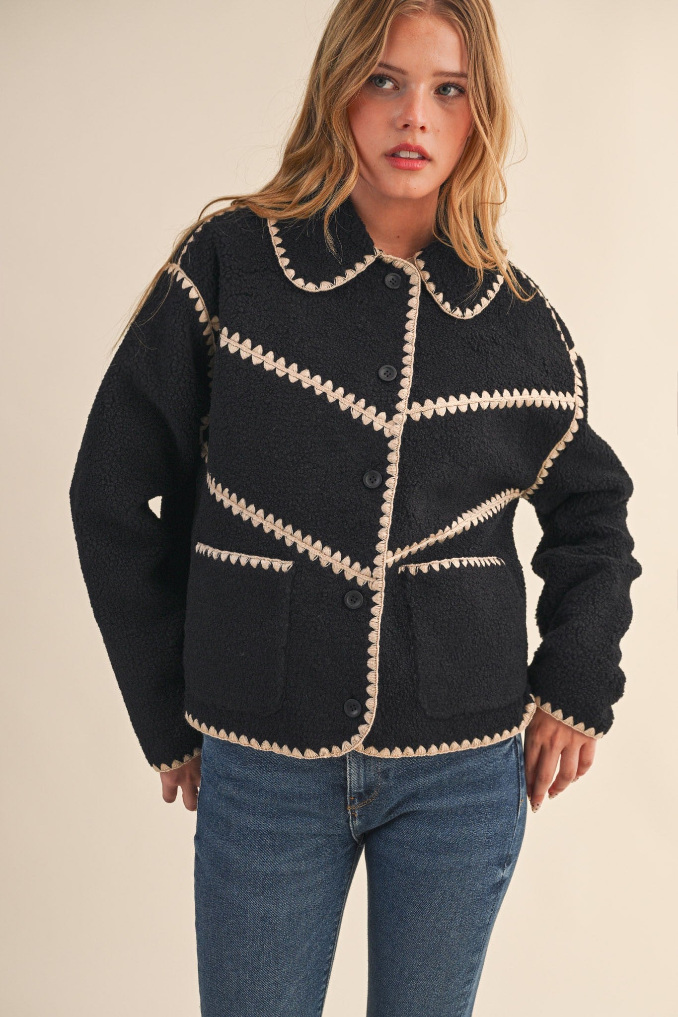 Faux Sherpa Fleece Jacket With Blanket Stitch