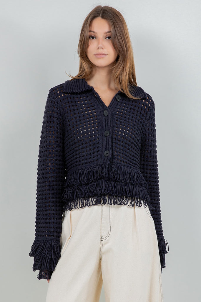 Fringe Detailed Soft Knit Button Down Cardigan