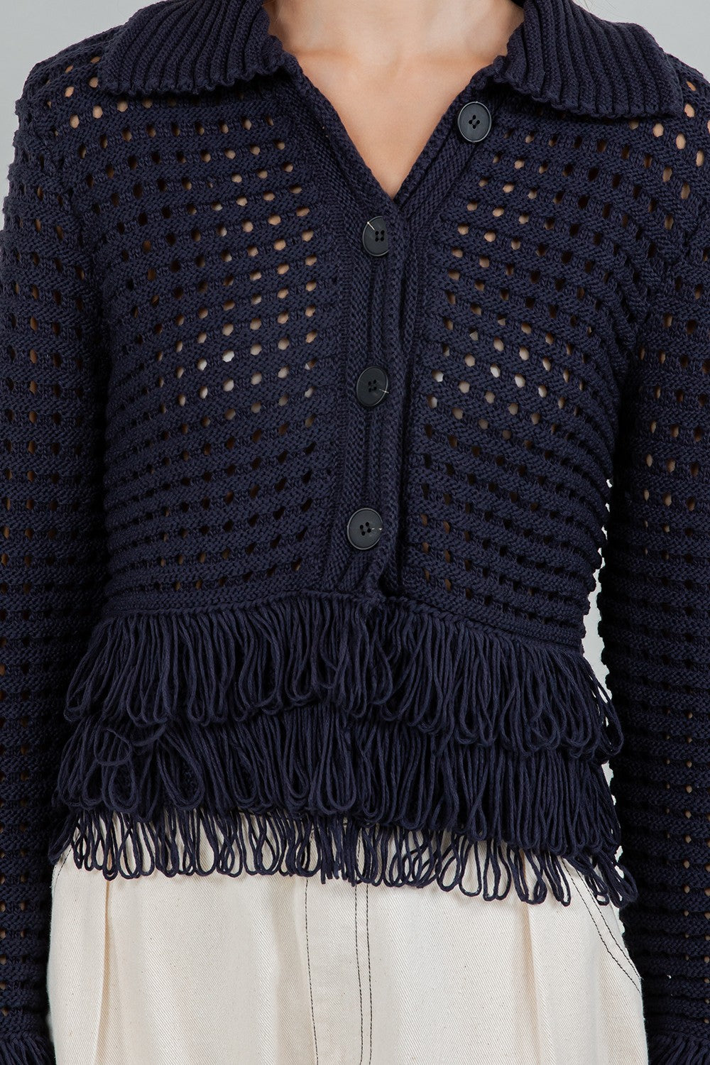Fringe Detailed Soft Knit Button Down Cardigan
