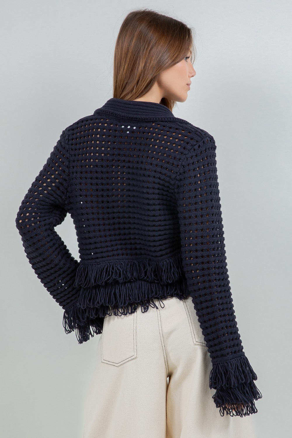 Fringe Detailed Soft Knit Button Down Cardigan