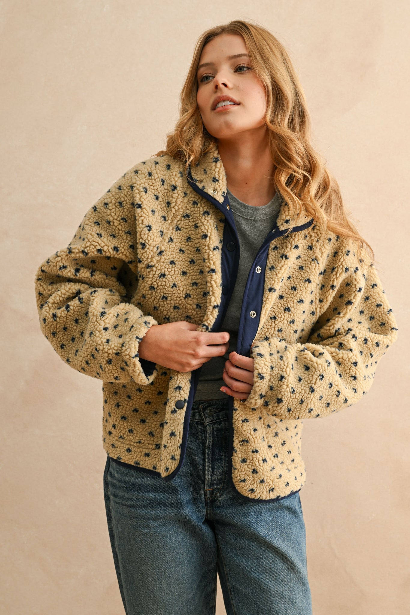 Button Front Pattern Sherpa Jacket