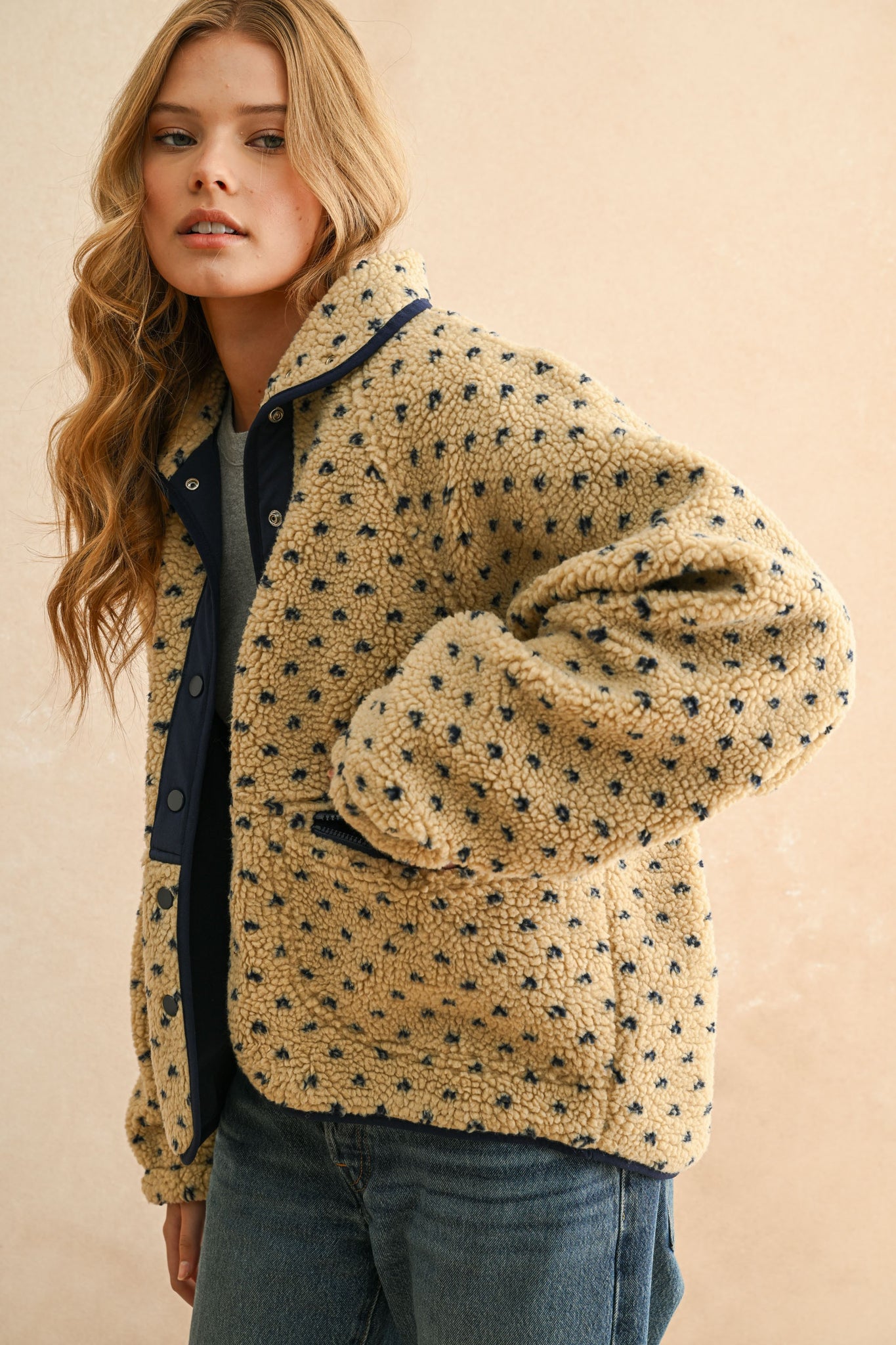 Button Front Pattern Sherpa Jacket