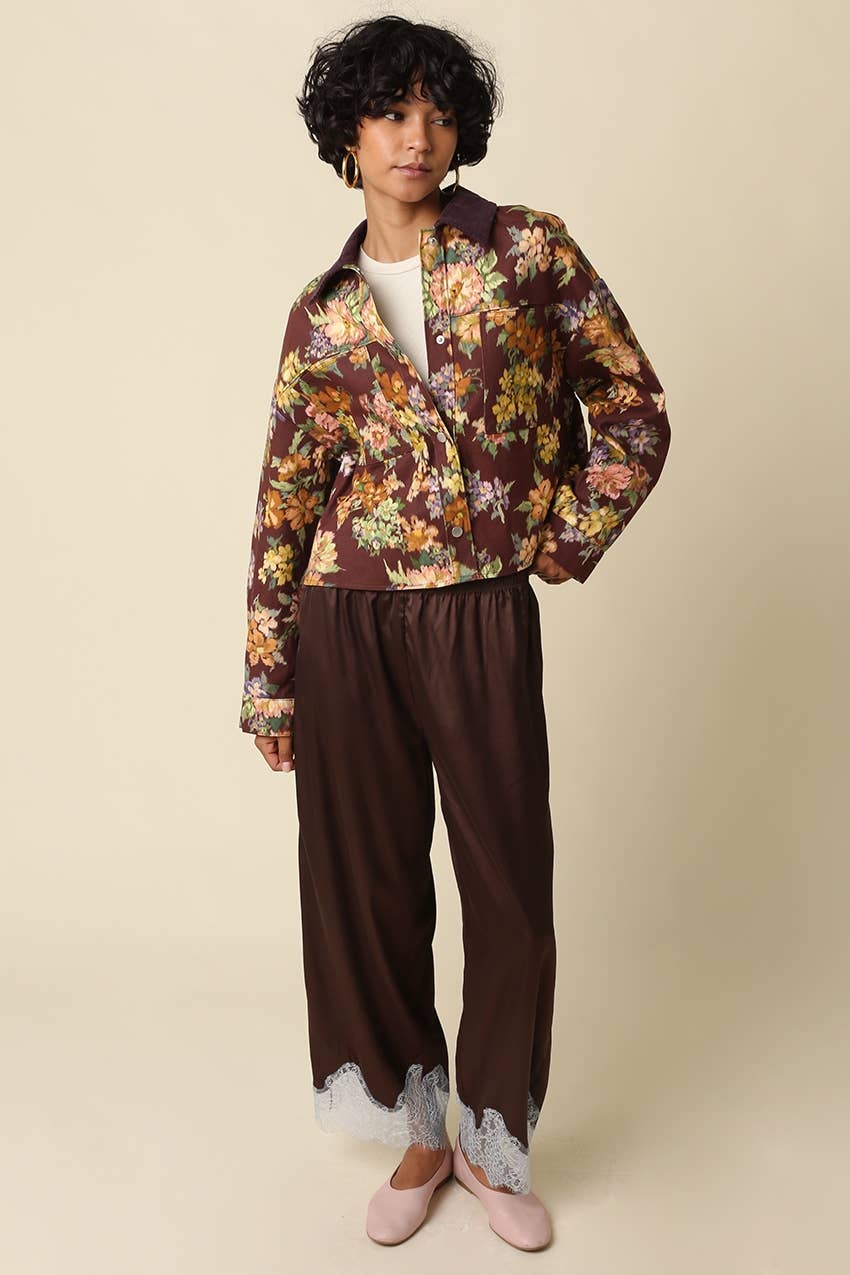 Quinn Lace Trim Satin Pants: BROWN LT BLUE / L