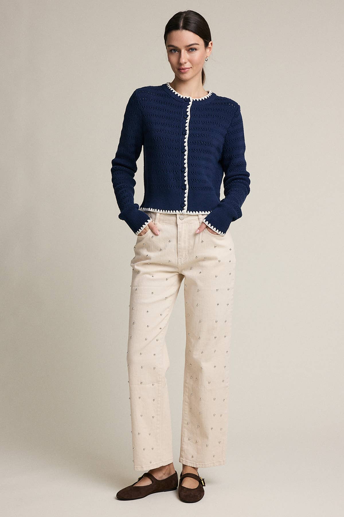 Studded Straight-Leg Denim Pants - RB1107: CREAM / S-M-L (3-2-1)