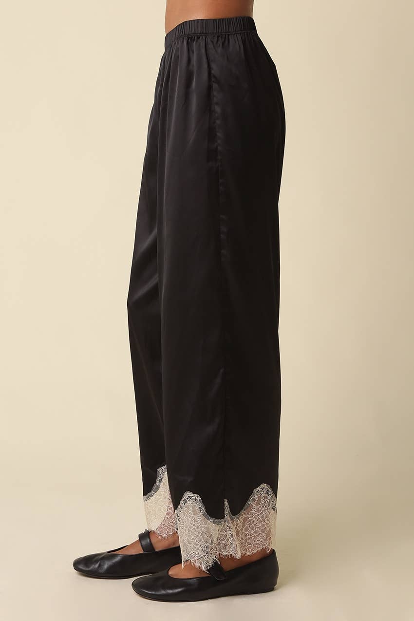 Quinn Lace Trim Satin Pants: BROWN LT BLUE / M
