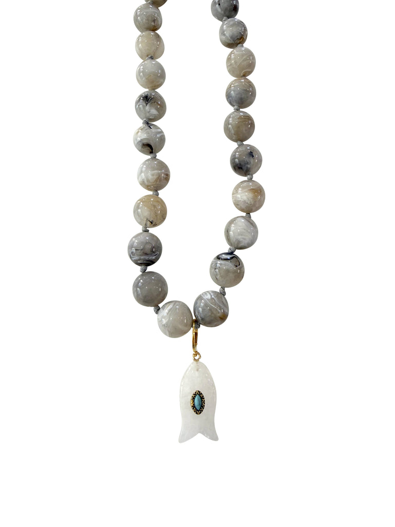 Kiawah Beaded Fish Charm Necklace- Neutral