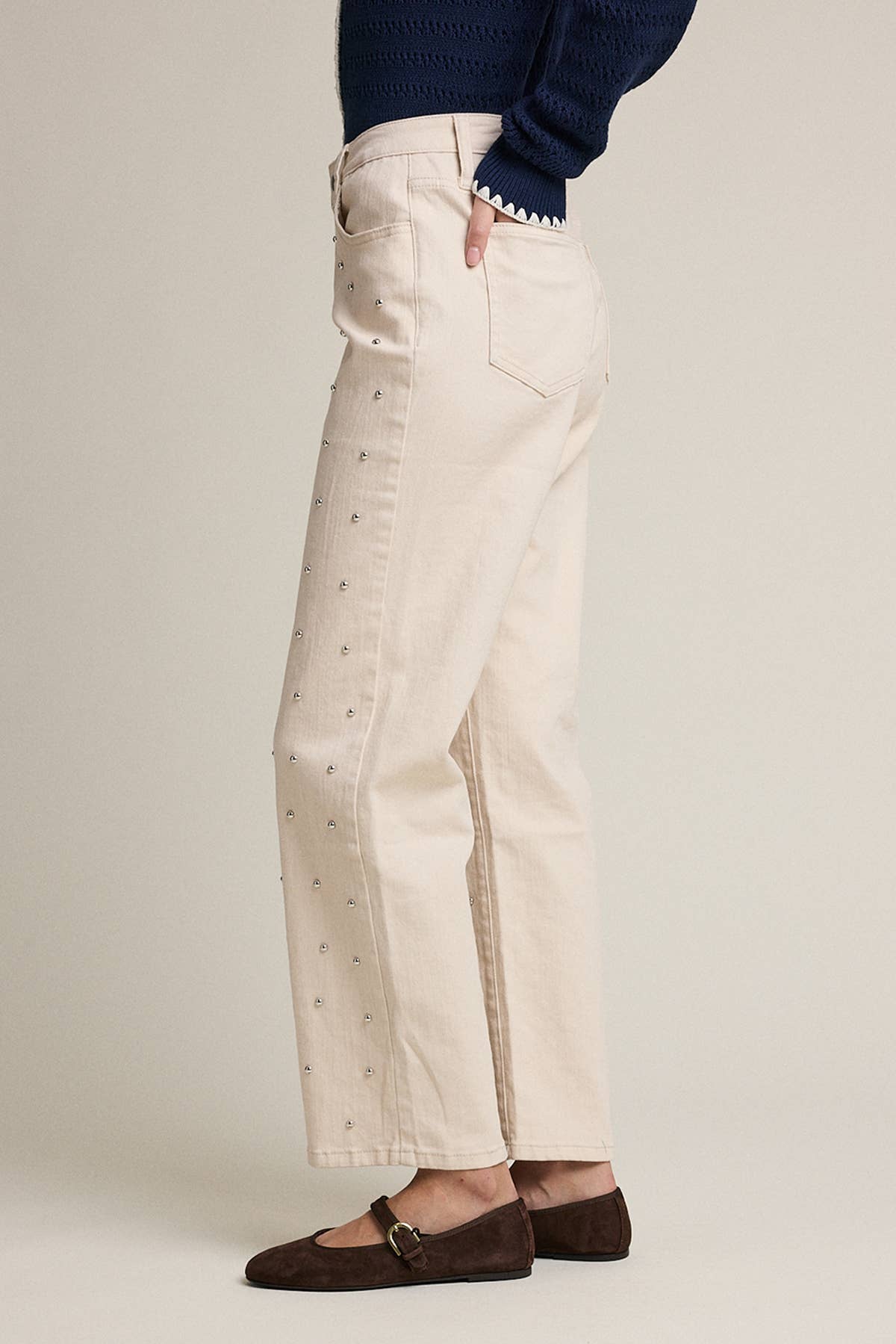 Studded Straight-Leg Denim Pants - RB1107: CREAM / S-M-L (3-2-1)