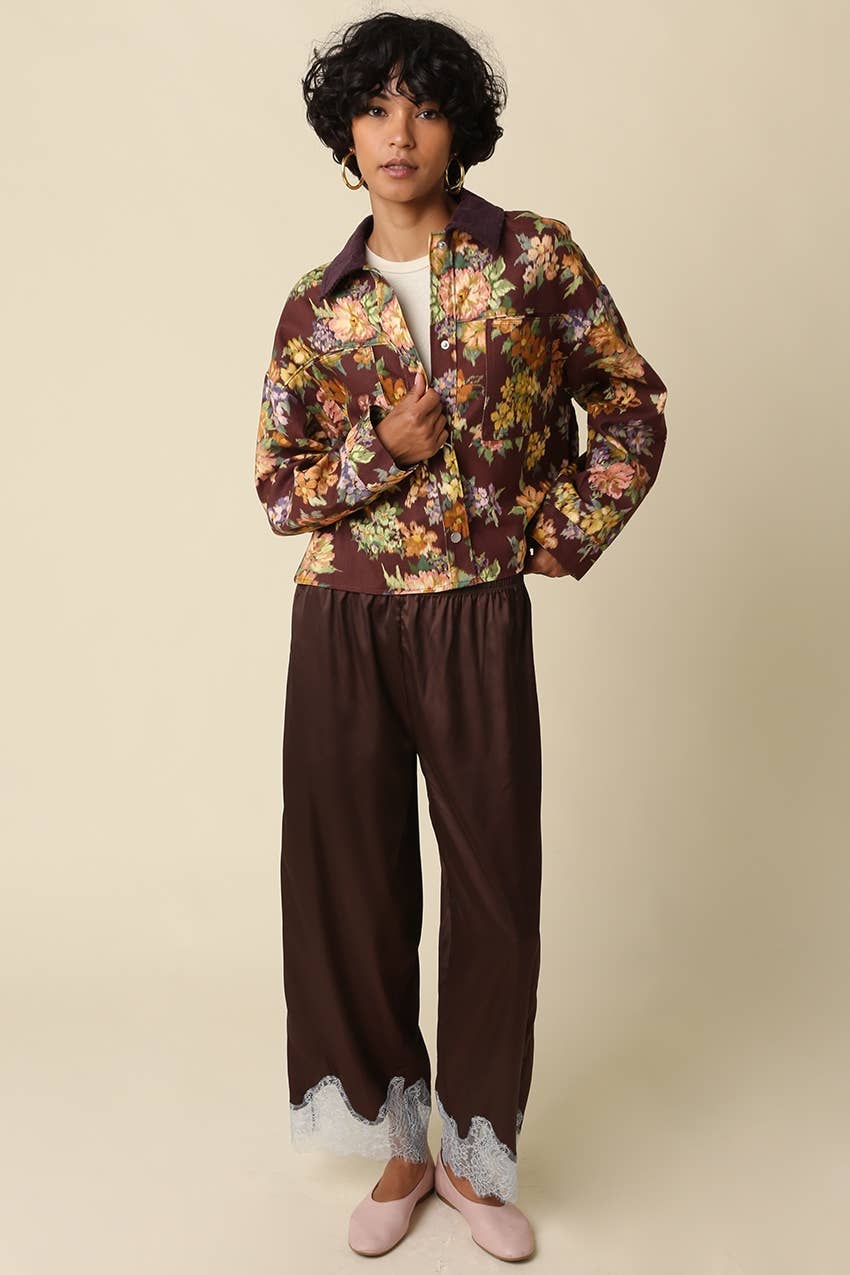 Quinn Lace Trim Satin Pants: BROWN LT BLUE / M