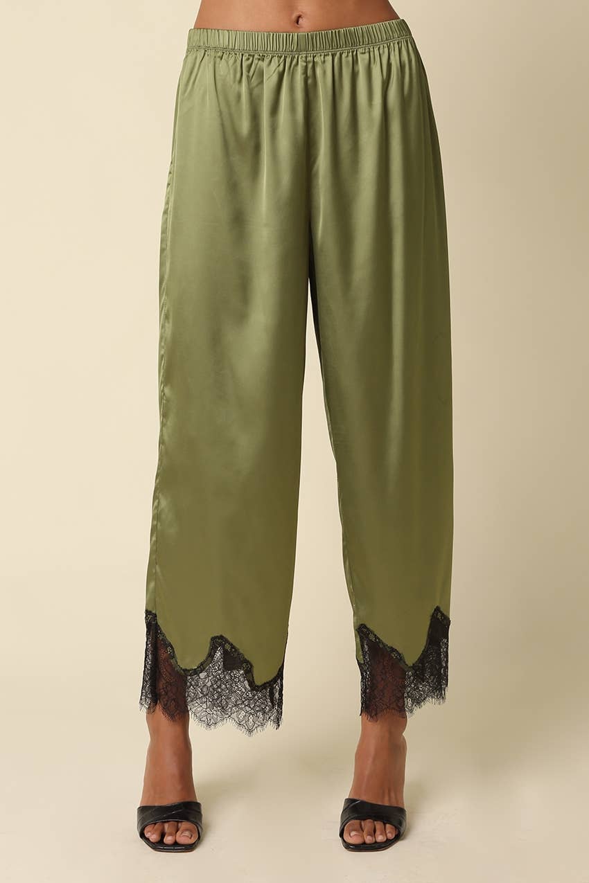 Quinn Lace Trim Satin Pants: BROWN LT BLUE / M