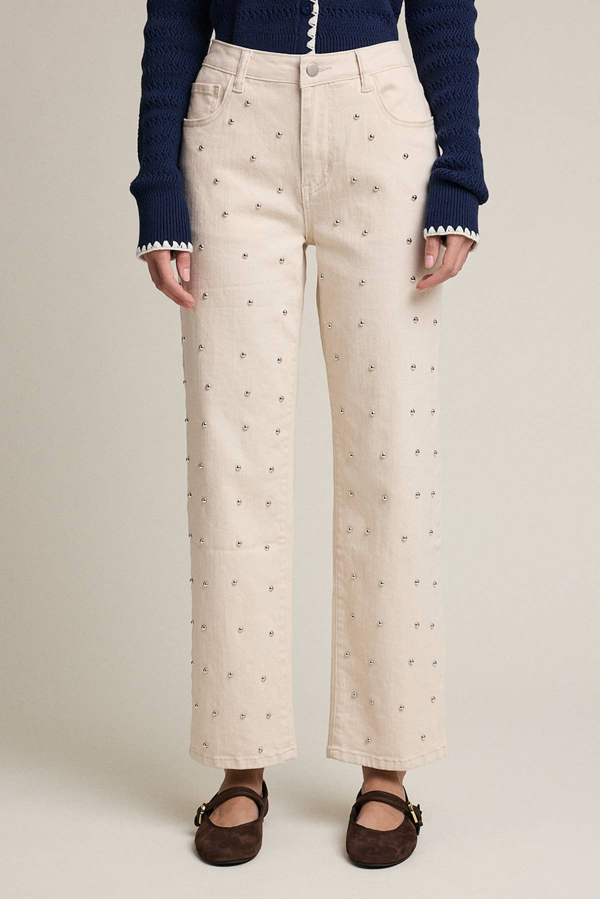 Studded Straight-Leg Denim Pants - RB1107: CREAM / S-M-L (3-2-1)