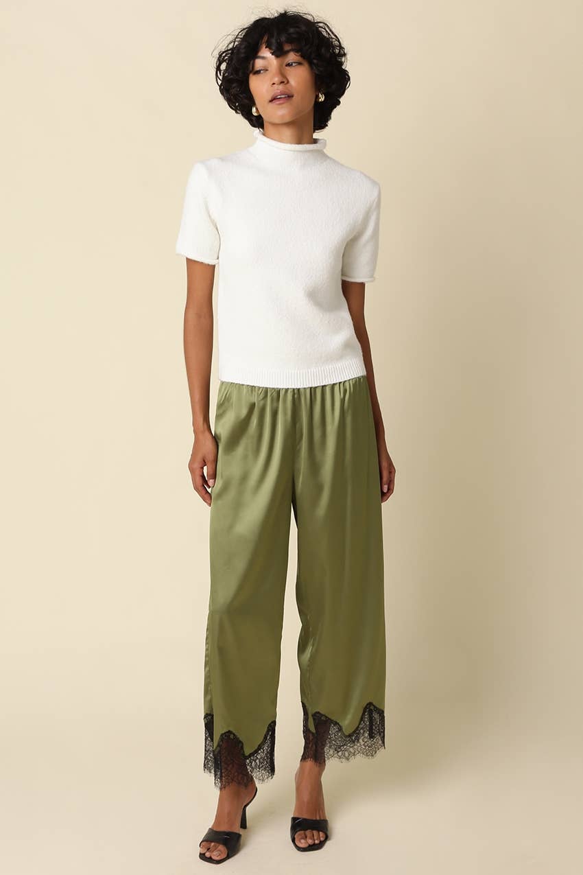 Quinn Lace Trim Satin Pants: BROWN LT BLUE / M