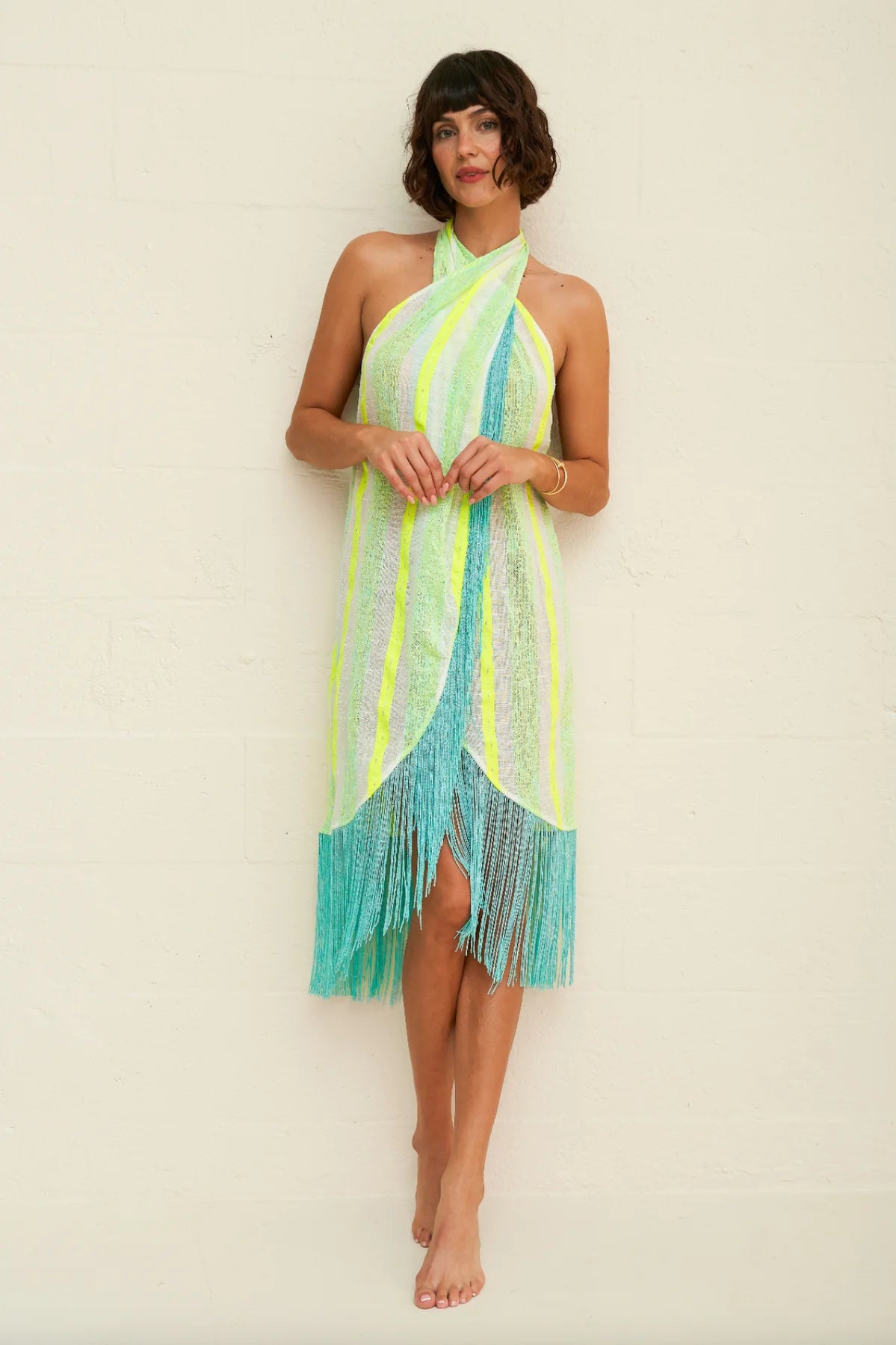 Fringed Crossover Dress Turquoise