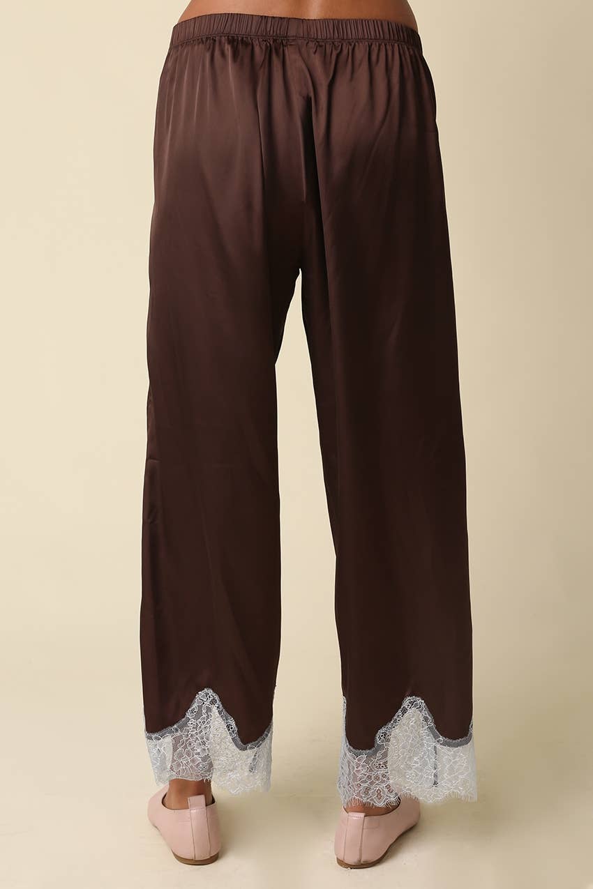 Quinn Lace Trim Satin Pants: BROWN LT BLUE / M