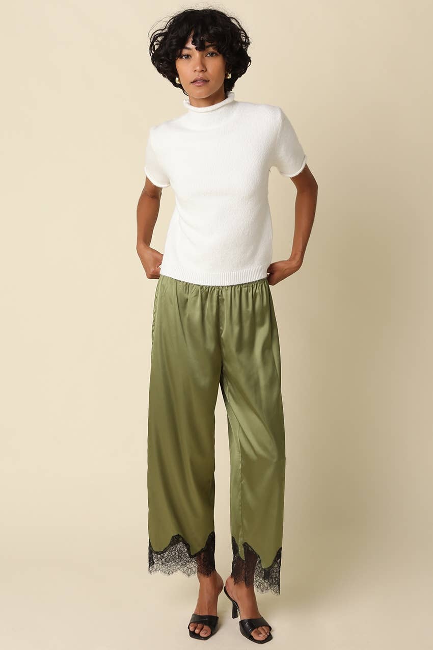 Quinn Lace Trim Satin Pants: BROWN LT BLUE / L
