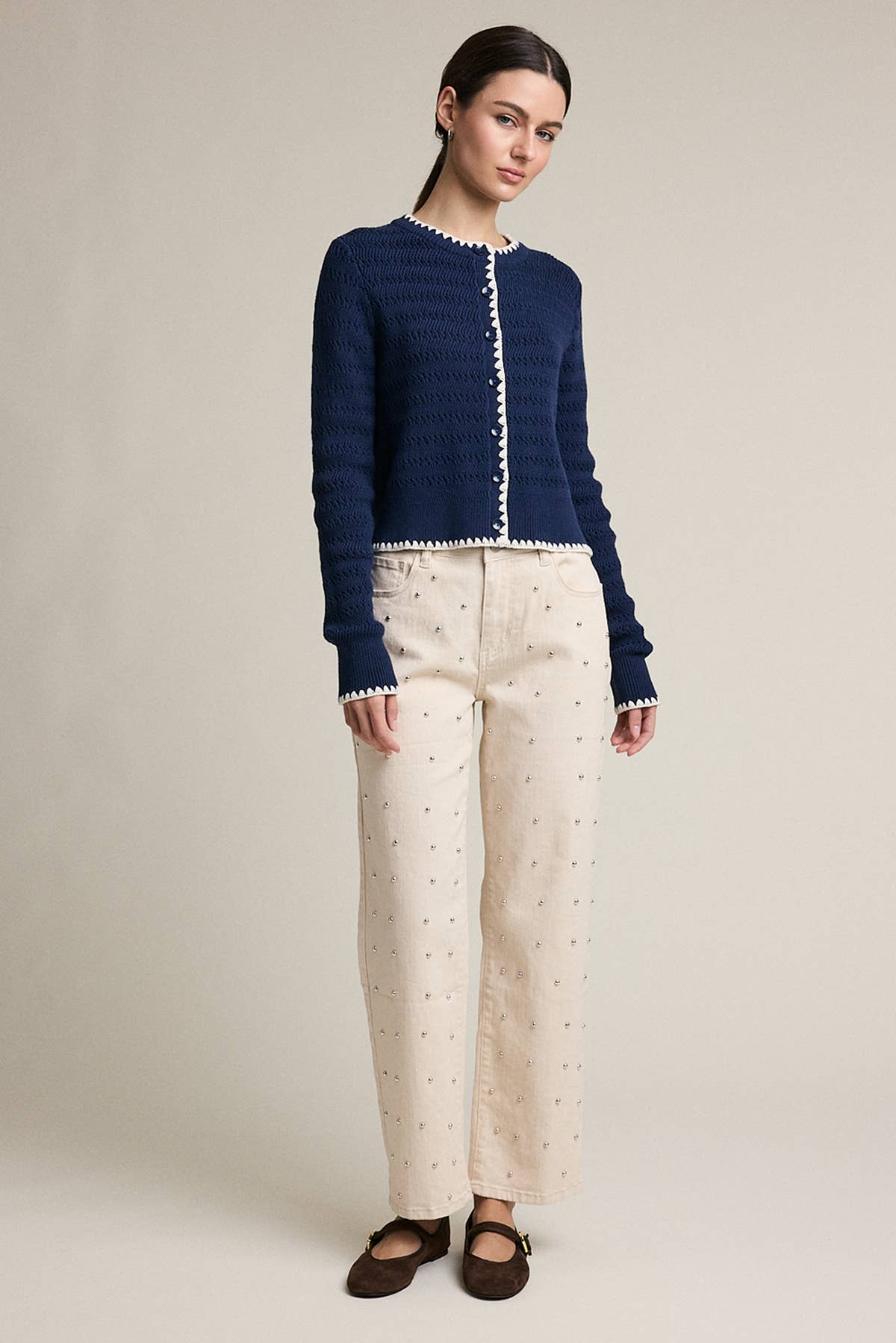Studded Straight-Leg Denim Pants - RB1107: CREAM / S-M-L (3-2-1)