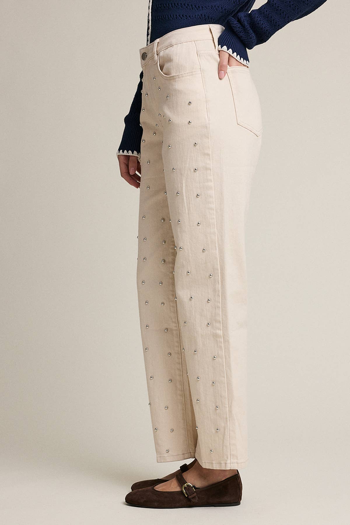 Studded Straight-Leg Denim Pants - RB1107: CREAM / S-M-L (3-2-1)