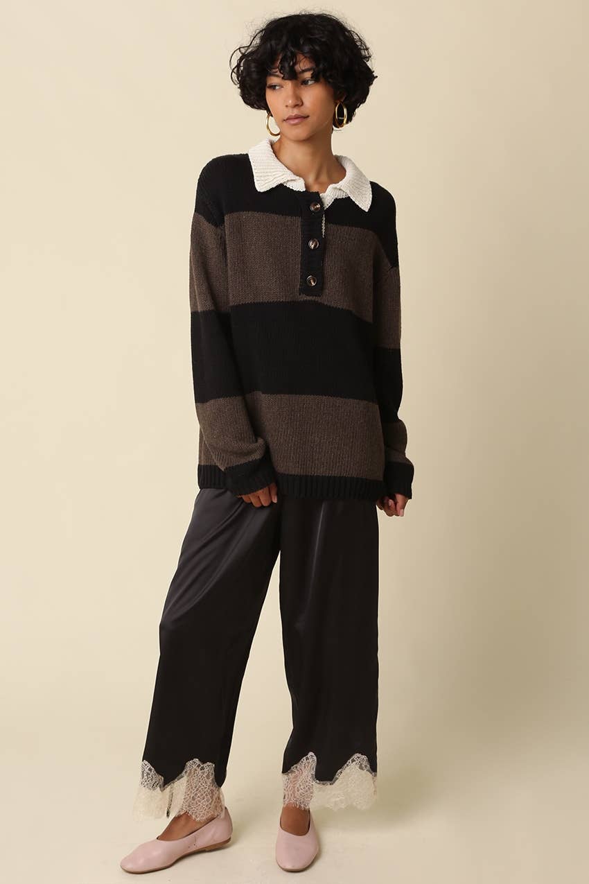 Quinn Lace Trim Satin Pants: BROWN LT BLUE / L